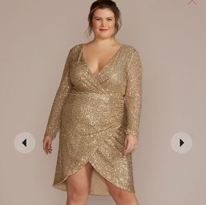 DB Studio David's Bridal Gold Long Sleeve  Sequin Wrap Dress NWT Size 18